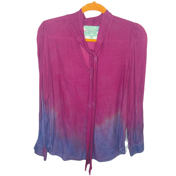 Long sleeve V-neck blouse with long neck ties, ReDyed pink to purple ombre - Picture 1 of 2